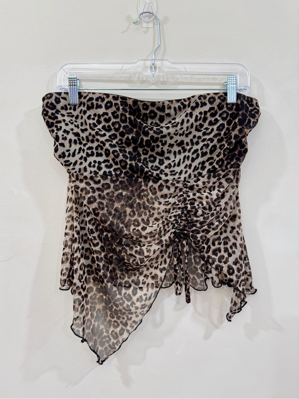 Silence + Noise Leopard Mesh Strapless Ruched Handkerchief Top XL Y2K